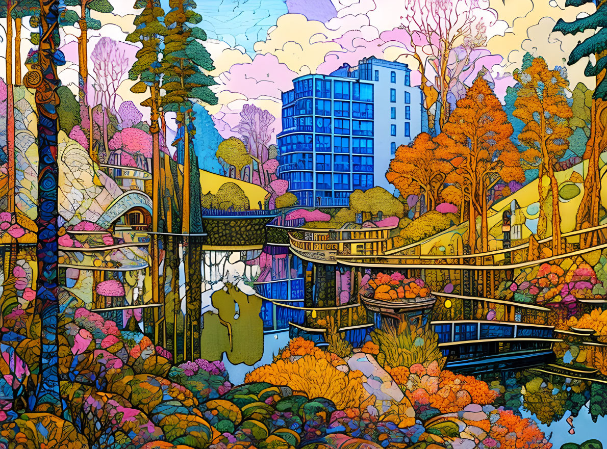 Colorful trees, river, bridge, and modern buildings in vibrant illustration.