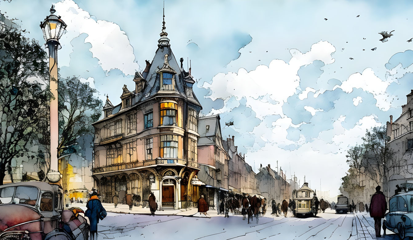 Colorful street scene with vintage car, pedestrians, ornate building, and cloudy sky.