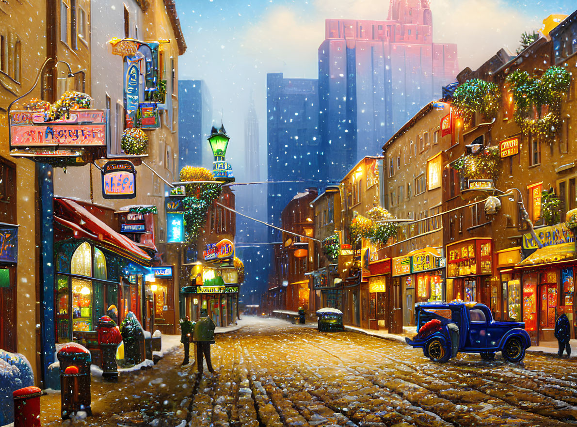 Snowy City Street at Dusk with Festive Decorations and Vintage Blue Truck