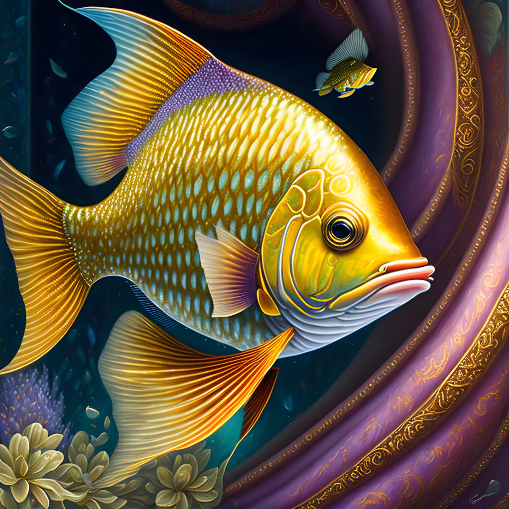 Golden fish digital illustration among blue and gold floral swirls