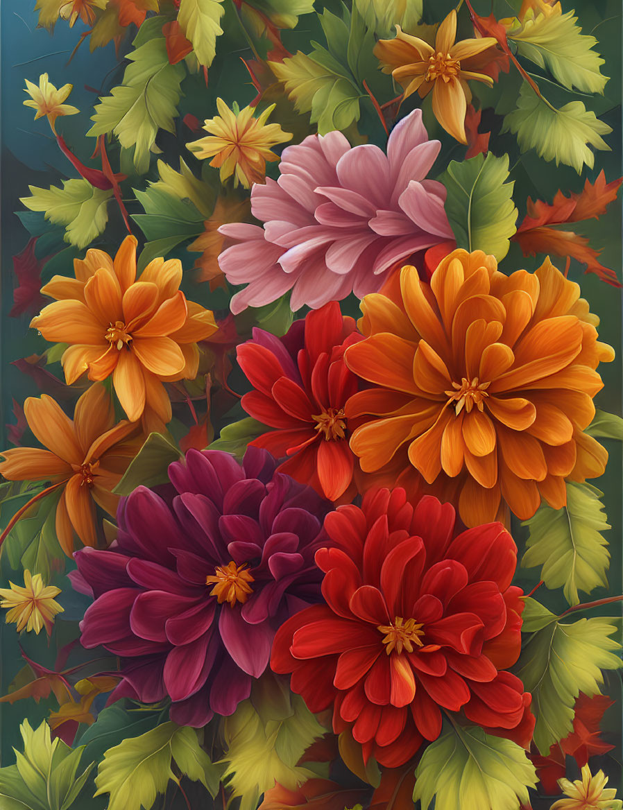 Colorful Dahlia Flowers Illustration on Dark Background