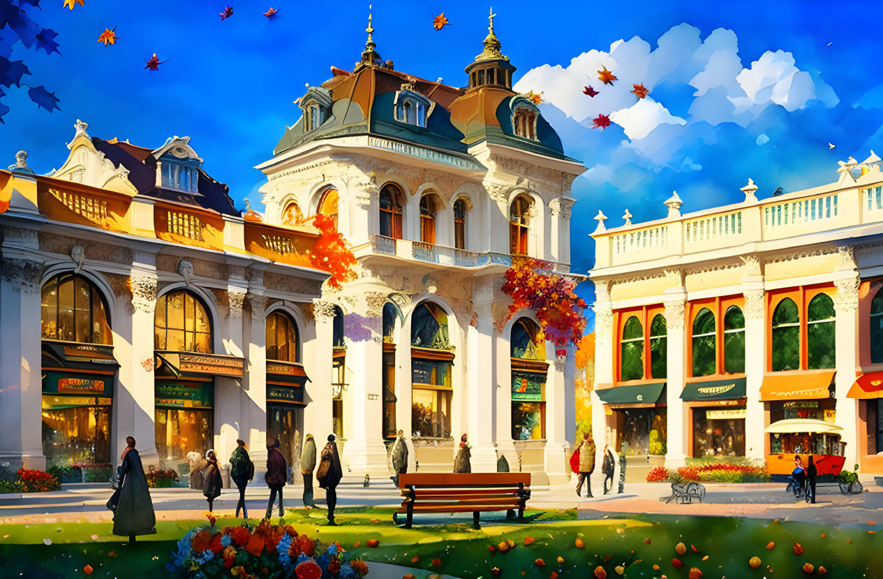 Vibrant Plaza Scene with Grand Building, People, and Autumn Foliage