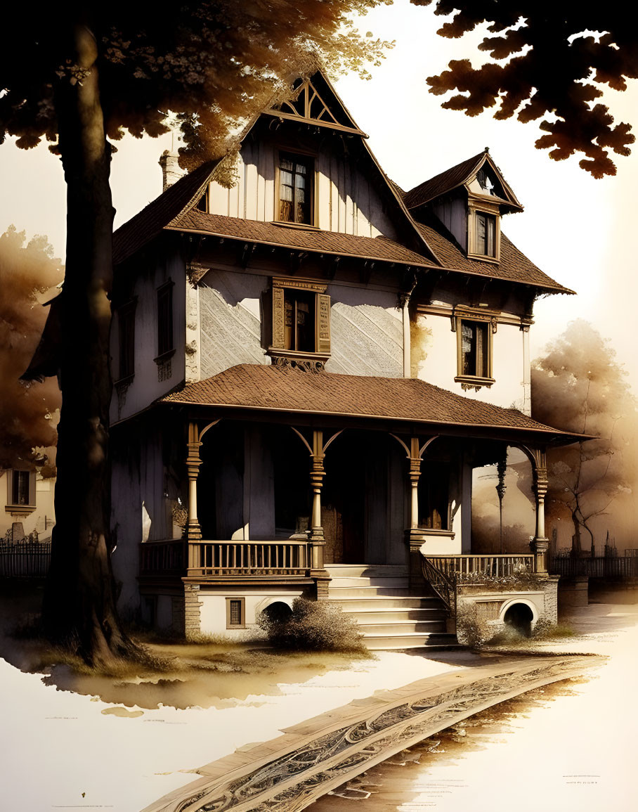 Victorian-style house with front porch, balcony, and tree in sepia light