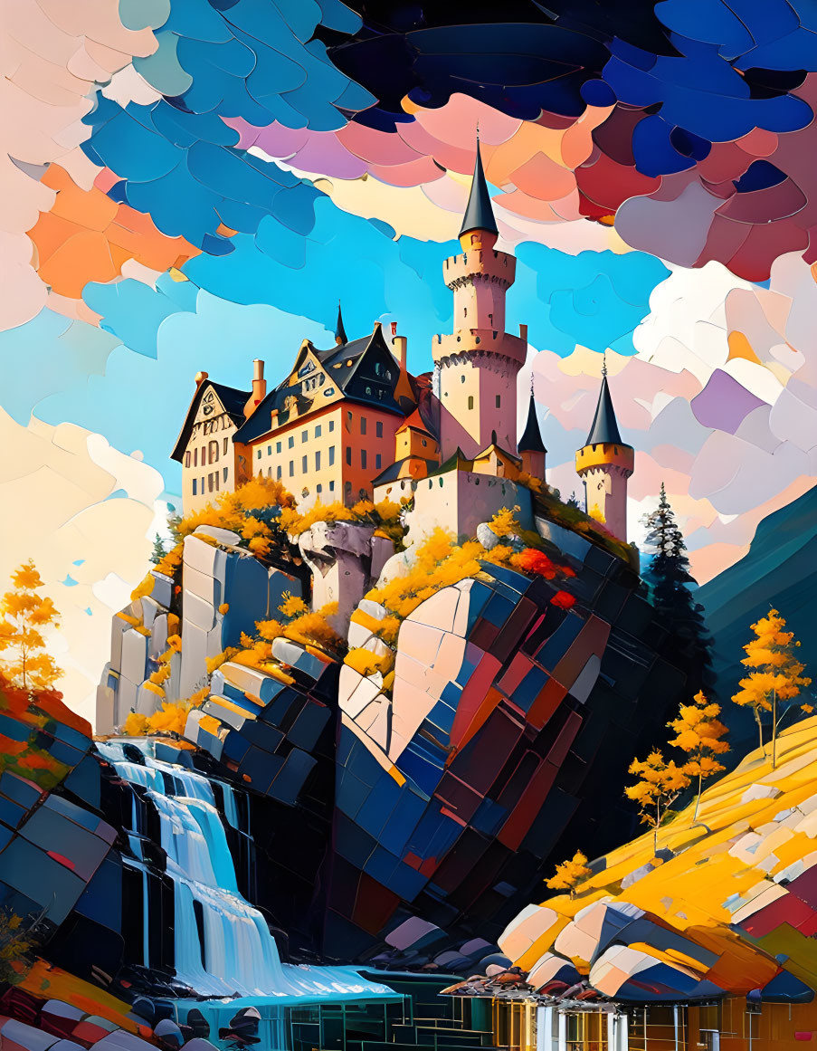 Colorful castle illustration on cliff with waterfalls and autumn trees