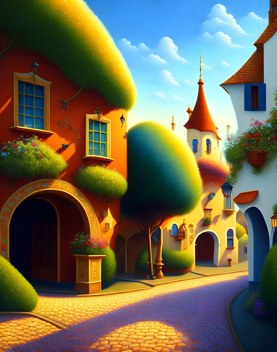 Whimsical fantasy village with colorful houses and cobblestone path