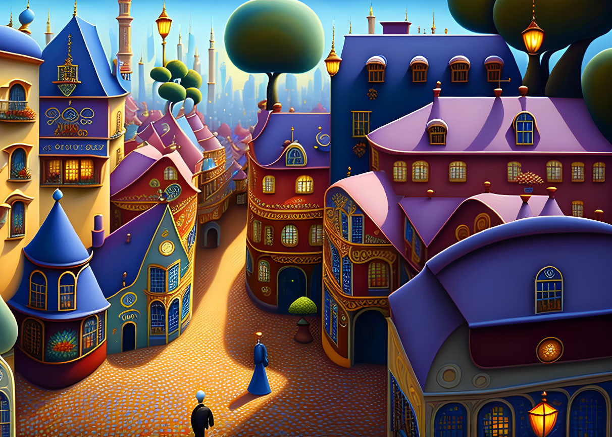 Colorful Whimsical Painting of Fantastical Town at Sunset