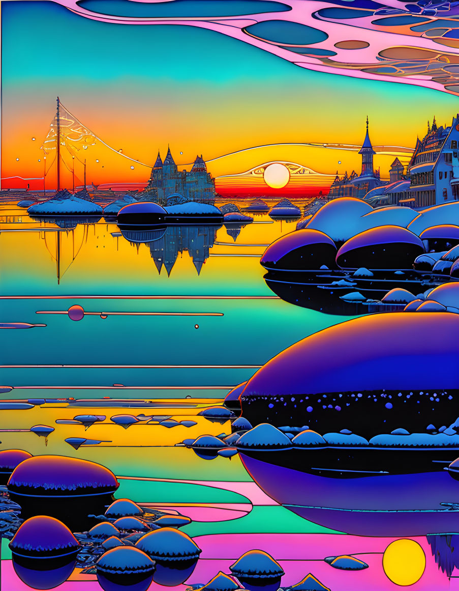 Colorful surreal landscape with floating orbs and whimsical architecture