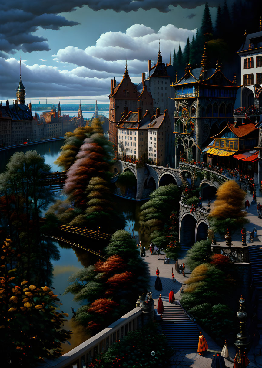 Fantasy cityscape with river, arched bridges, Gothic buildings, and colorful trees