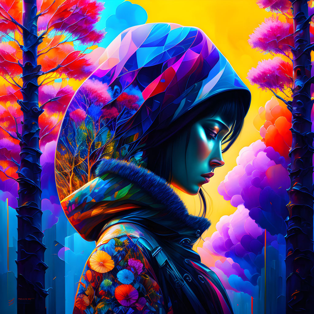 Colorful geometric hoodie woman in vibrant forest artwork