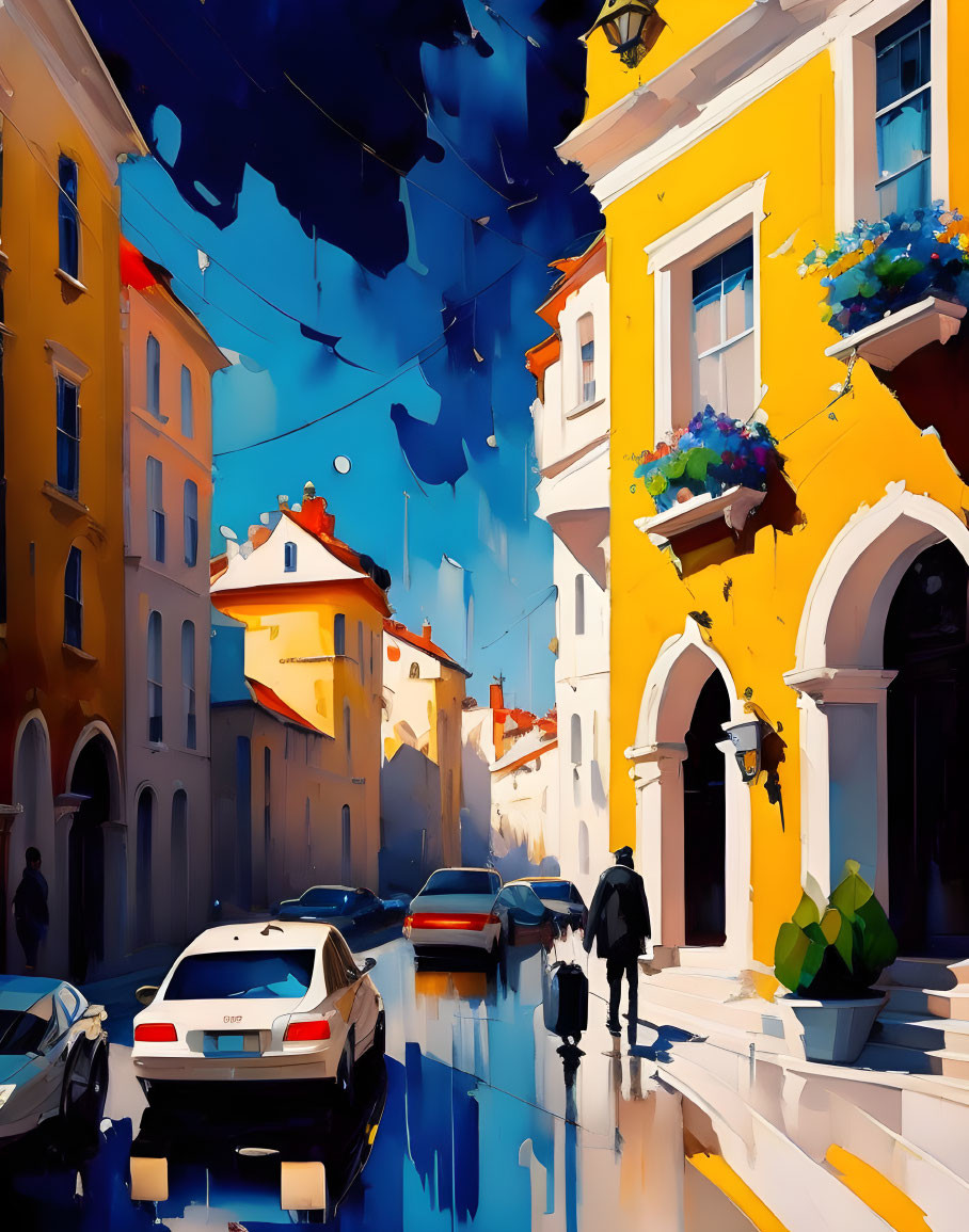 Colorful Street Scene Painting with Cars, Buildings, and Figure