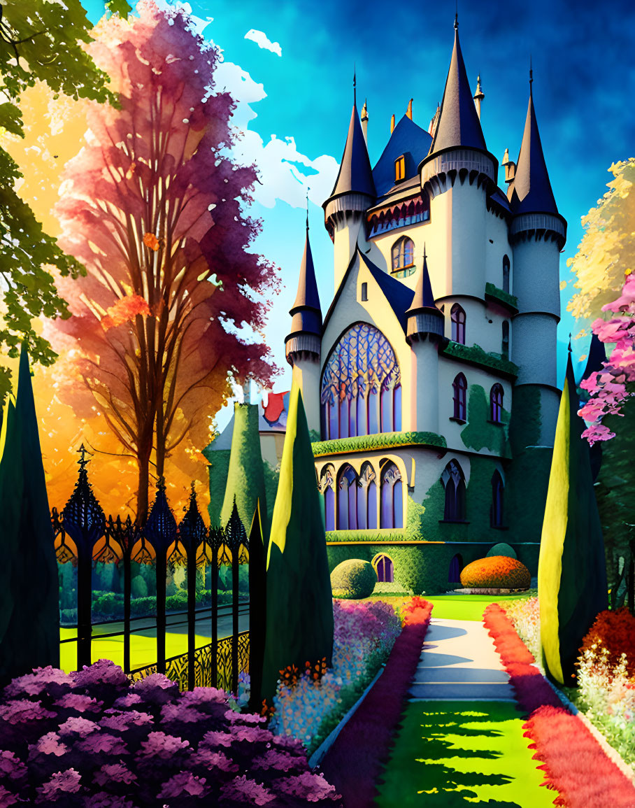 Colorful Fairy-Tale Castle Illustration with Gardens and Sky