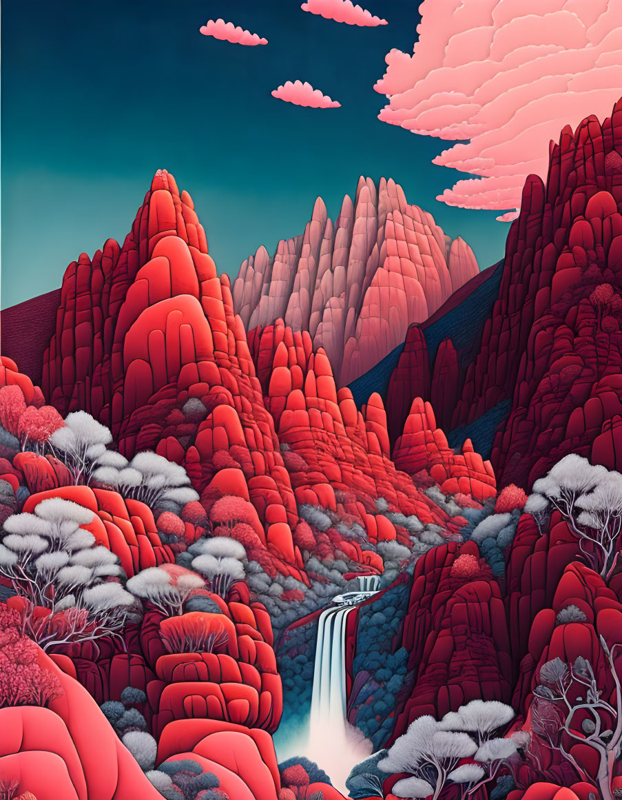 Vibrant red and pink stylized landscape with textured mountains, waterfall, and fluffy clouds.