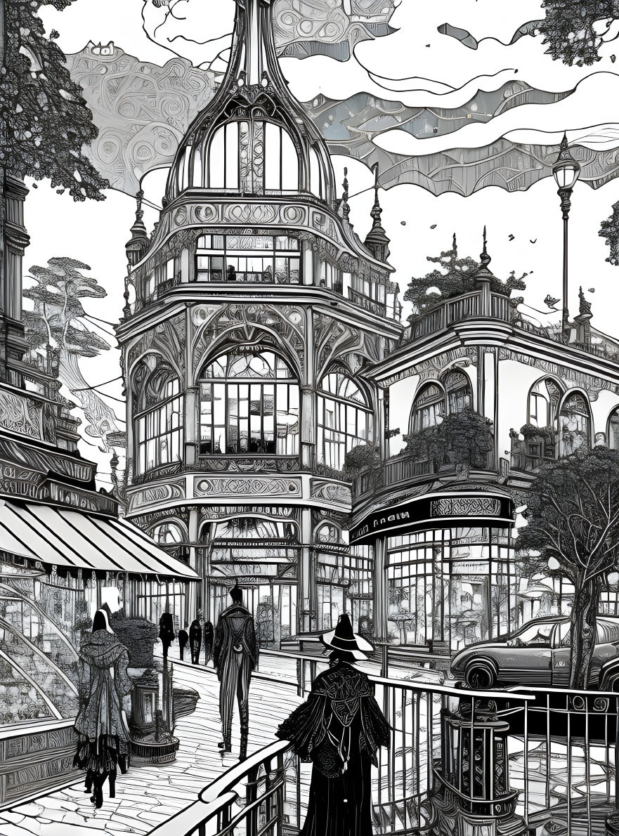 Detailed Victorian-style glass pavilion surrounded by ornate architecture and people in period attire in black and white