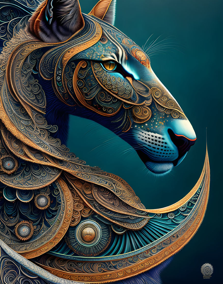 Stylized majestic feline with ornate patterns in gold and blue