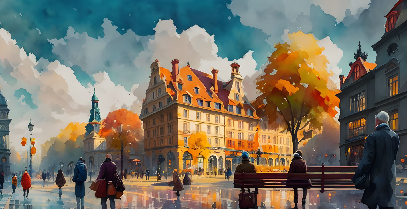 Vibrant autumn city square scene with people, benches, colorful trees, historical buildings, and cloudy