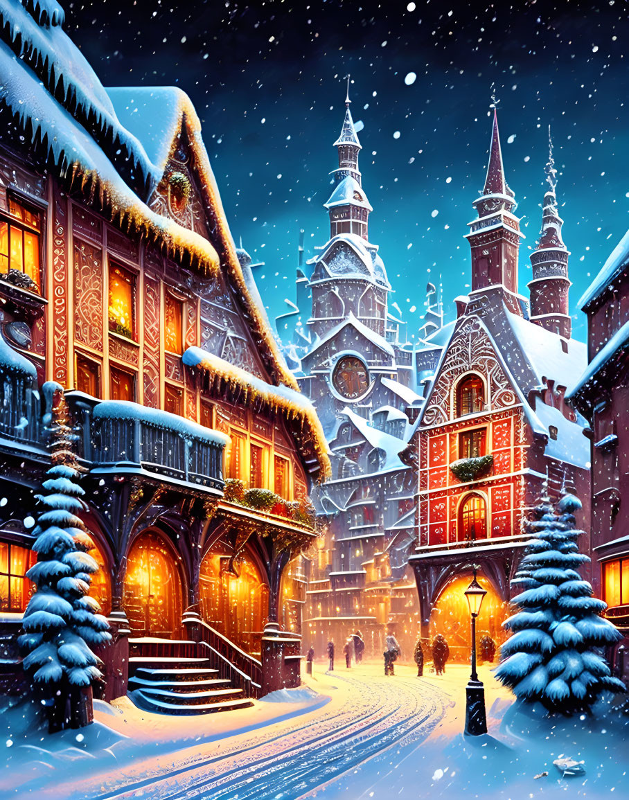 Snow-covered buildings and twinkling lights in a festive winter scene