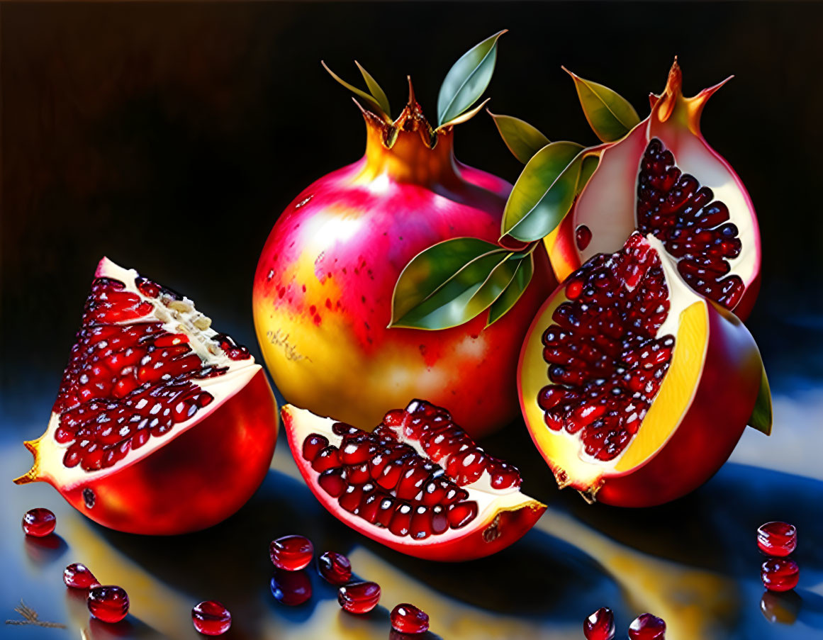 Colorful painting of whole and cut pomegranates with scattered arils on reflective surface