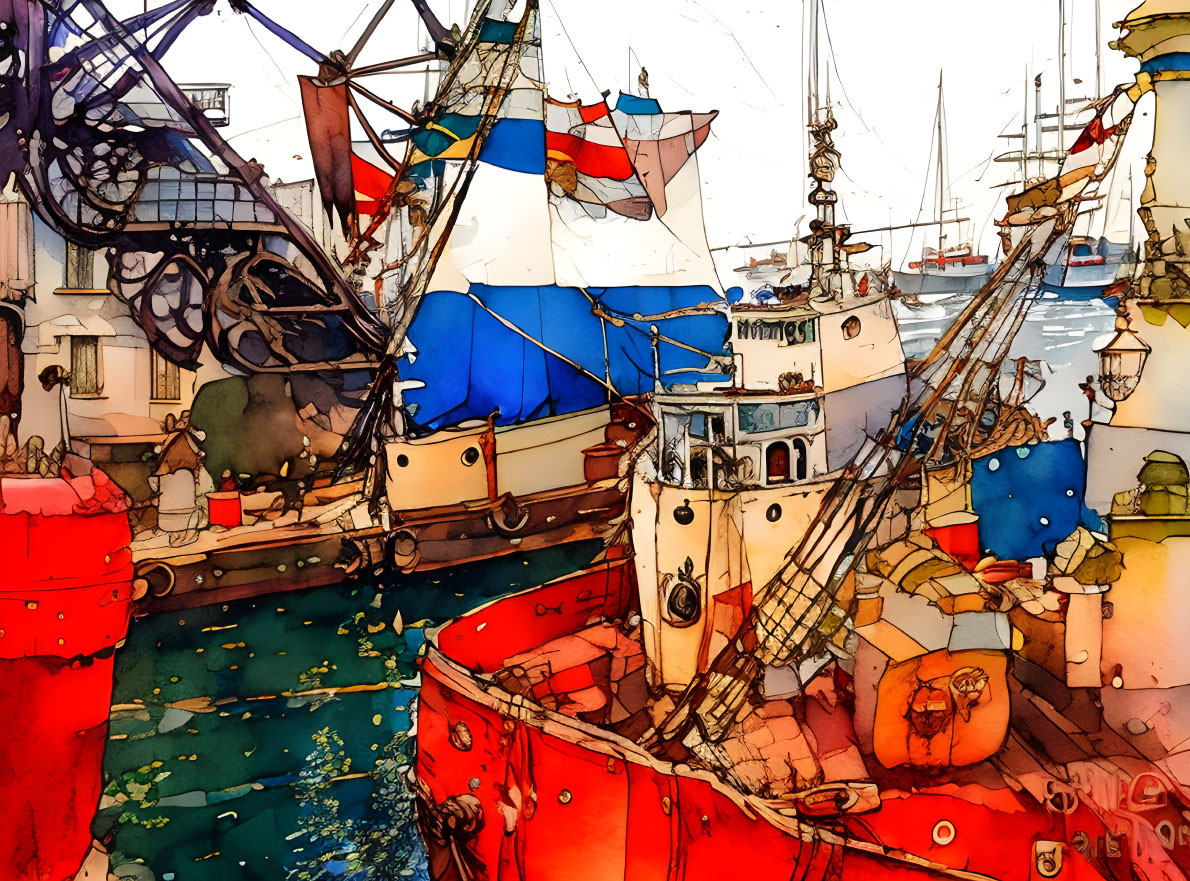 Colorful Watercolor Painting of Bustling Harbor with Boats and Buildings