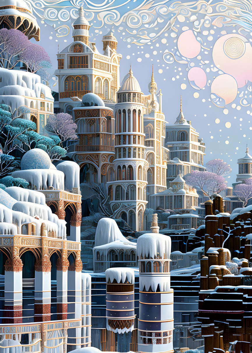 Fantastical winter cityscape with ornate towers and icy trees under dreamy sky