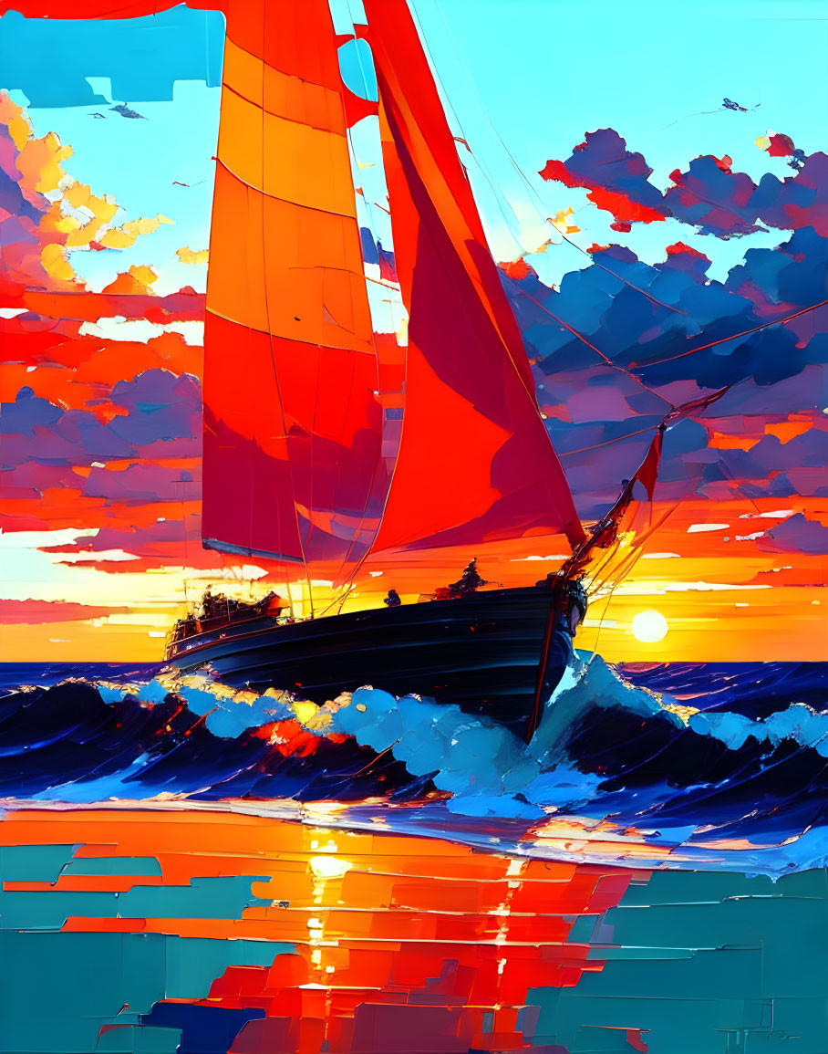 Colorful digital artwork of sailboat on turbulent blue waters at sunset