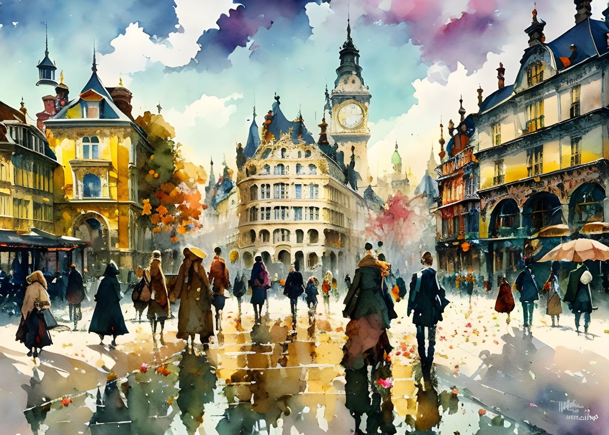 Vibrant watercolor painting of European city life with people and umbrellas