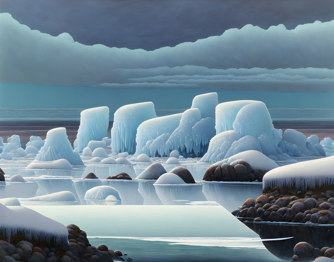 Arctic landscape with icy formations, tranquil water, and dramatic sky