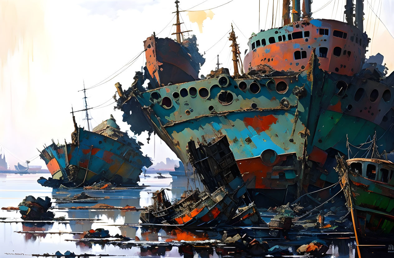 Abandoned ships with peeling paint in calm water landscape