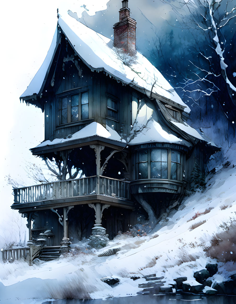 Victorian-style house in snowy landscape with bare trees and stream