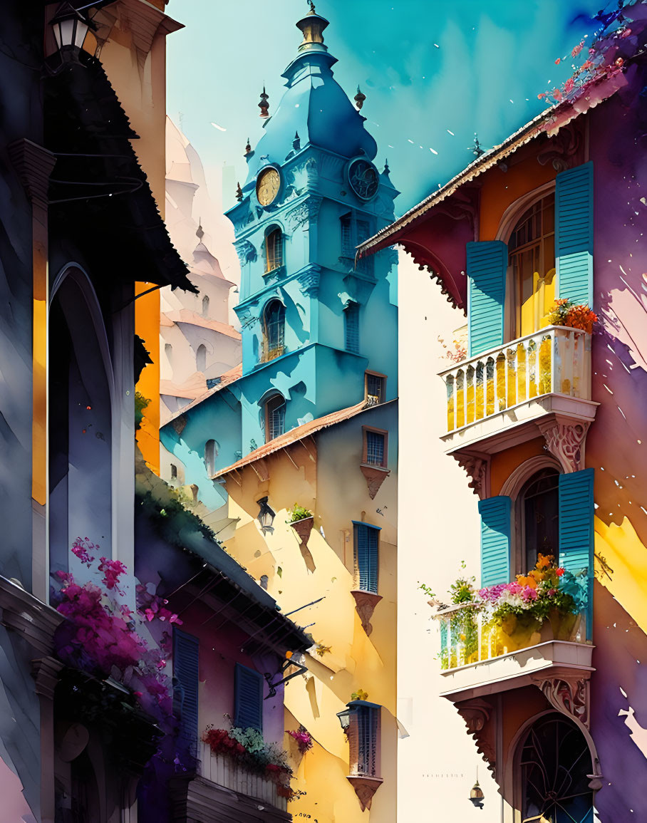 Whimsical architectural artwork with floating buildings and vibrant colors