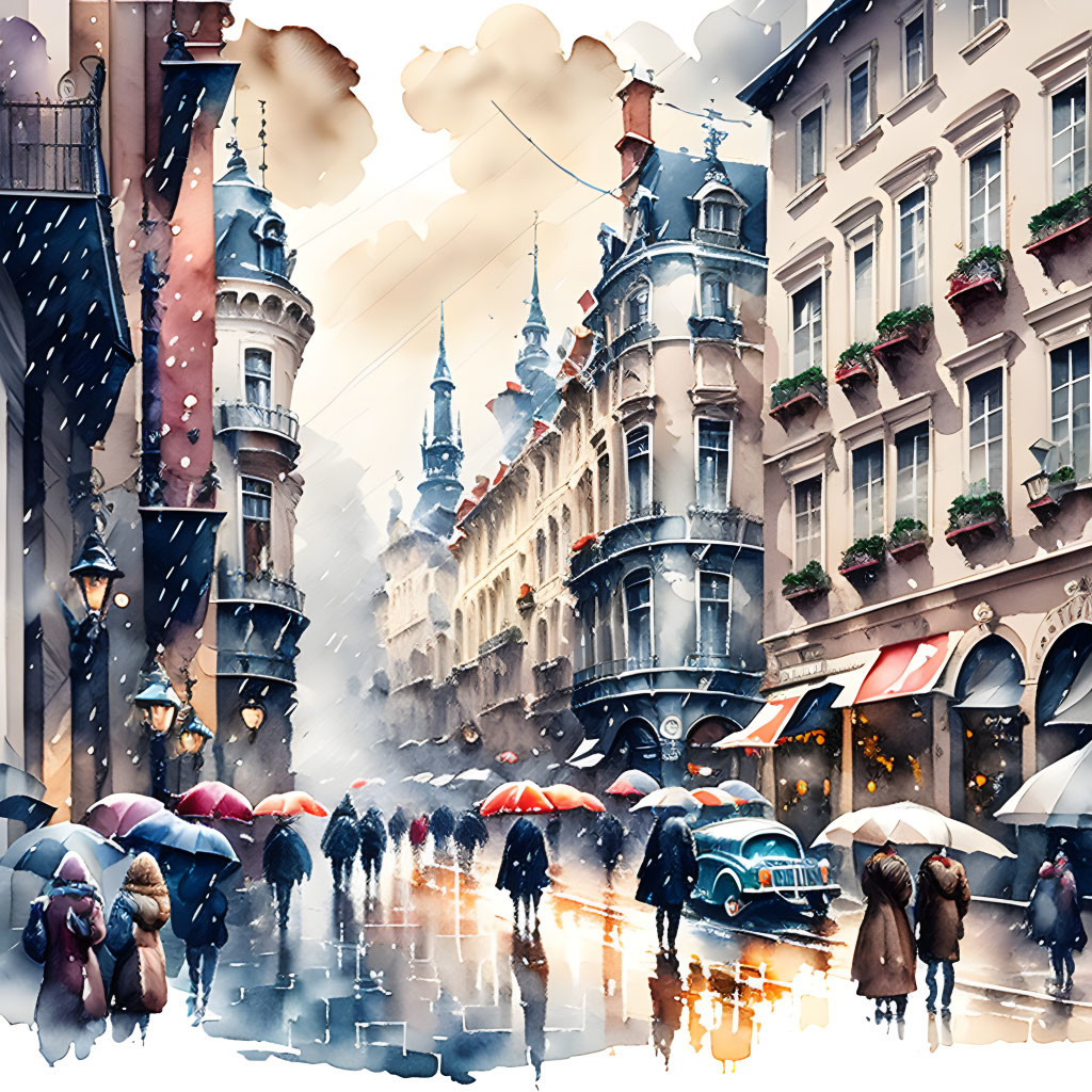 European street scene in rain with umbrellas and historic buildings