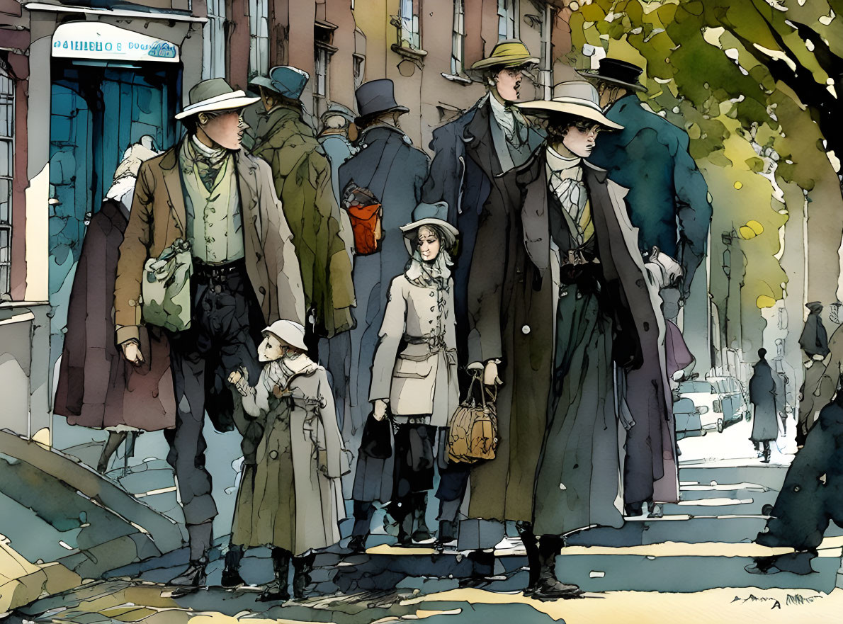 Stylized watercolor illustration of elegantly dressed people on city street