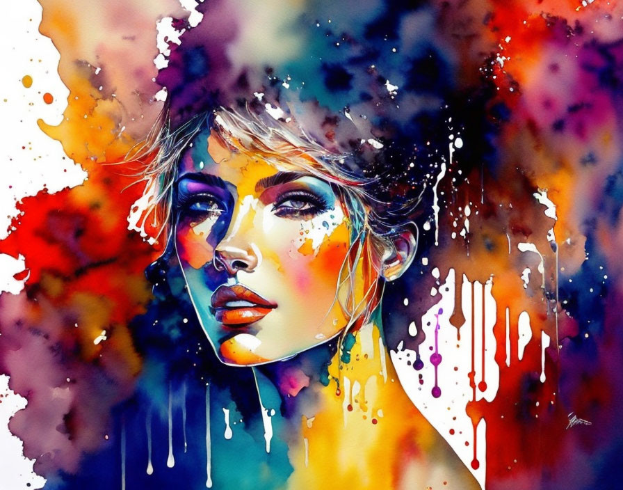 Colorful Watercolor Portrait of a Woman with Abstract Details