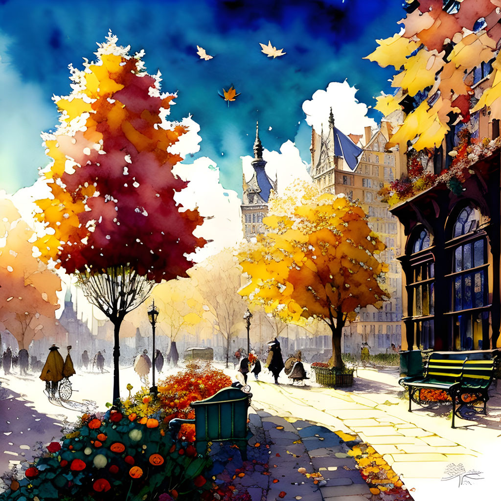 Colorful autumn street scene in vibrant watercolor