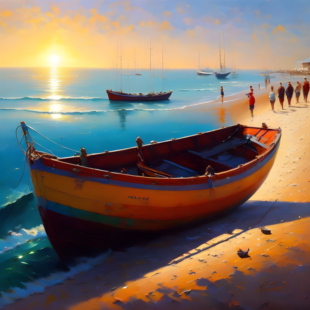 Colorful sunset beach scene with boat, people, and sailboats by the calm sea