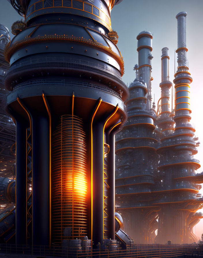 Futuristic industrial complex with towering structures and illuminated pipelines