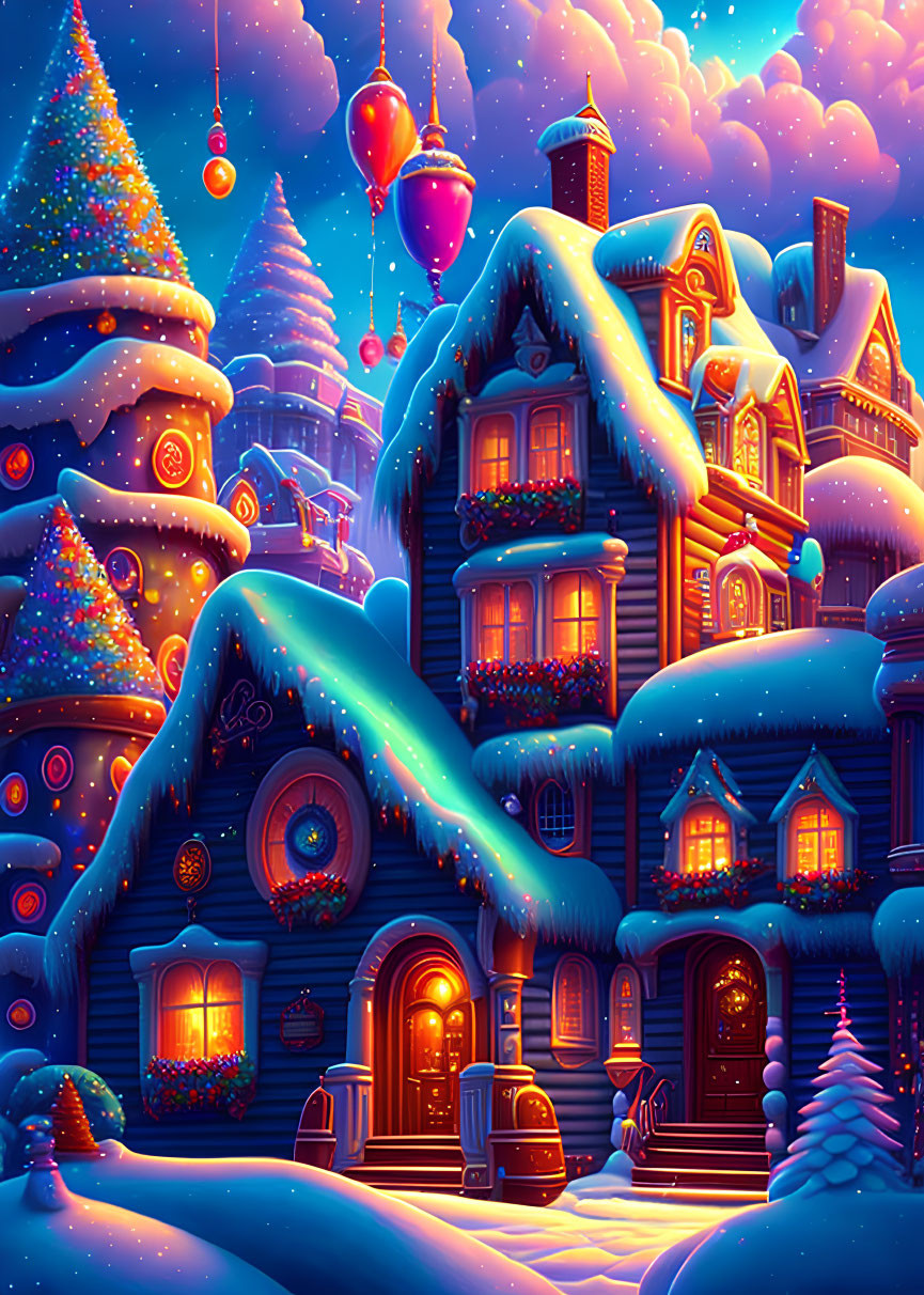 Snow-covered houses and decorated Christmas trees under starry sky