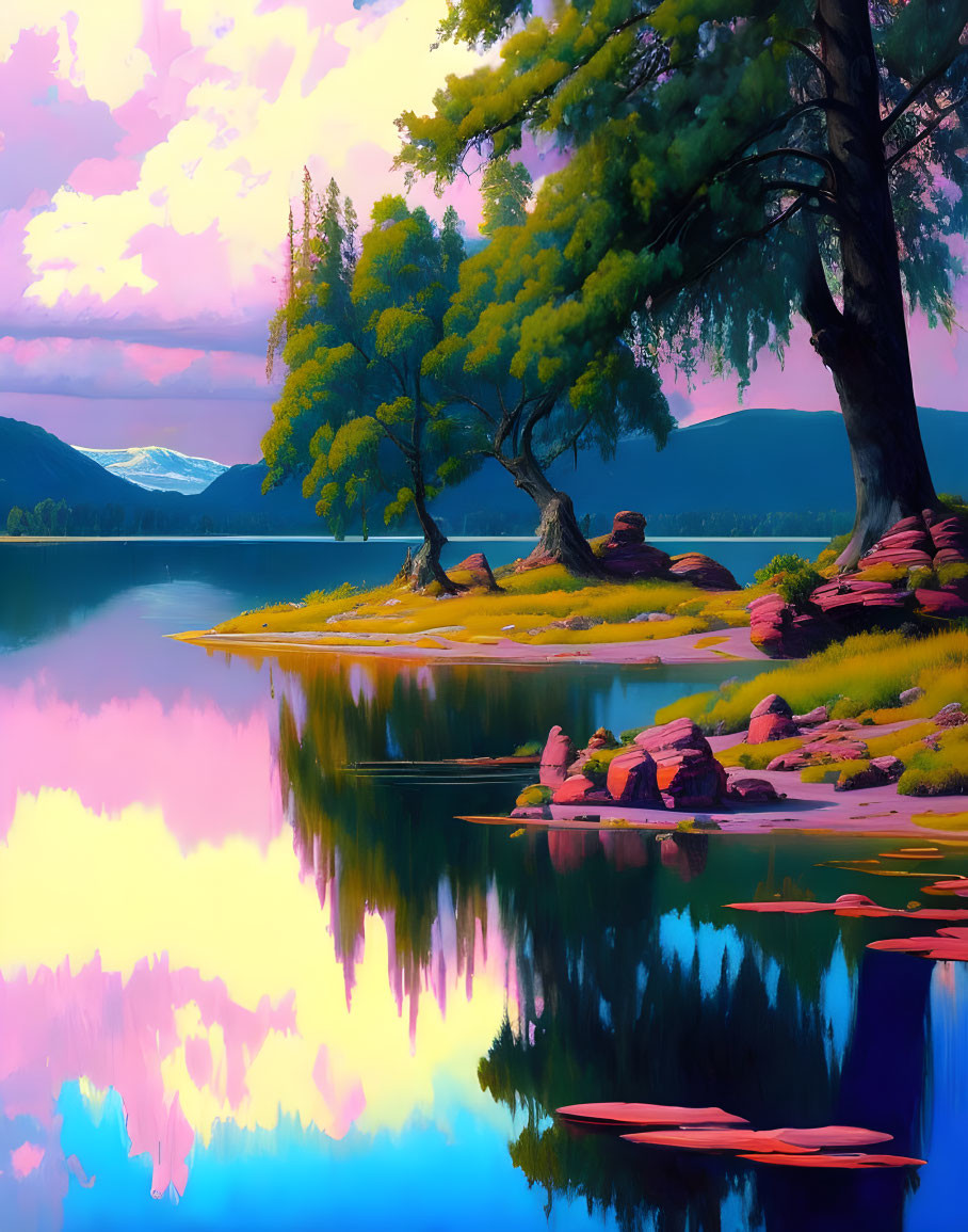 Colorful landscape with trees, reflective lake, mountains, and vibrant flora