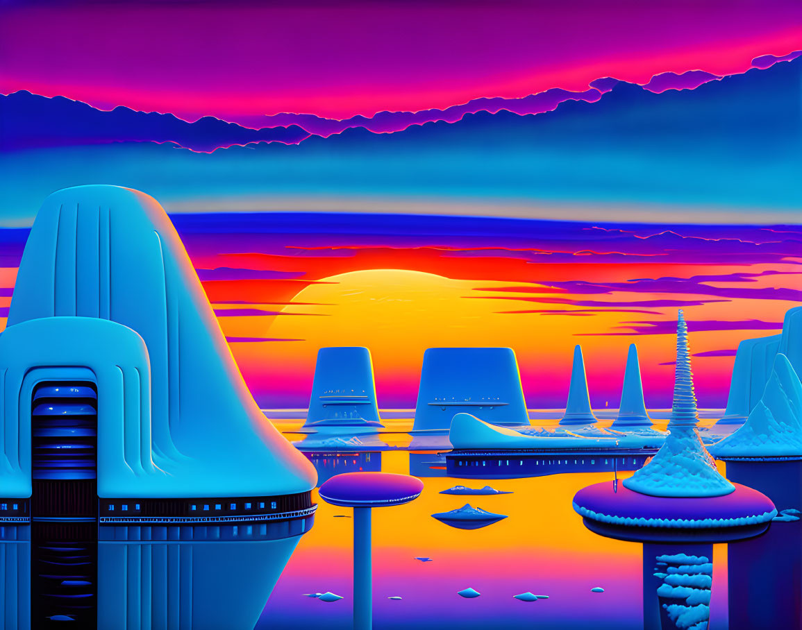 Vibrant surreal alien landscape with neon colors and conical structures