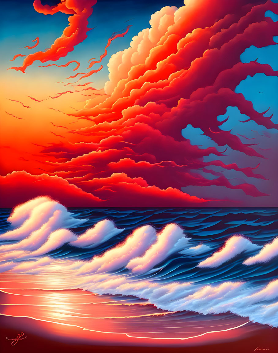 Colorful digital artwork: dramatic sunset over turbulent sea