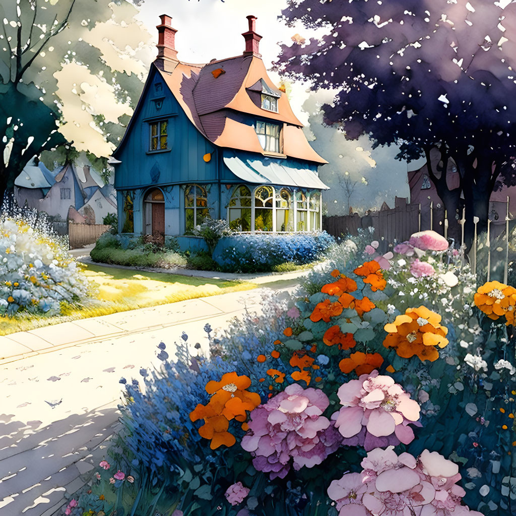 Quaint Blue Thatched Roof House Surrounded by Blooming Flowers