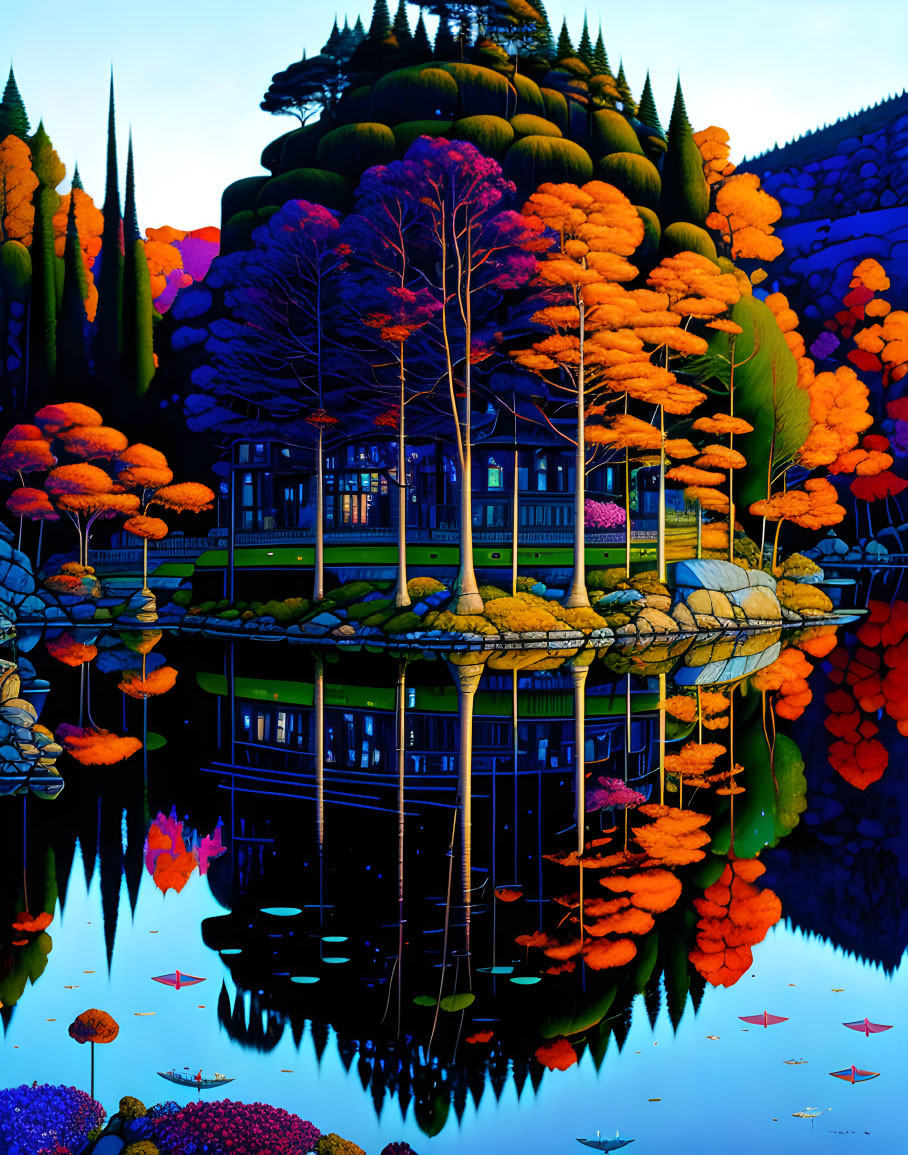 Colorful Lakeside Scene with Autumn Trees and House Reflections