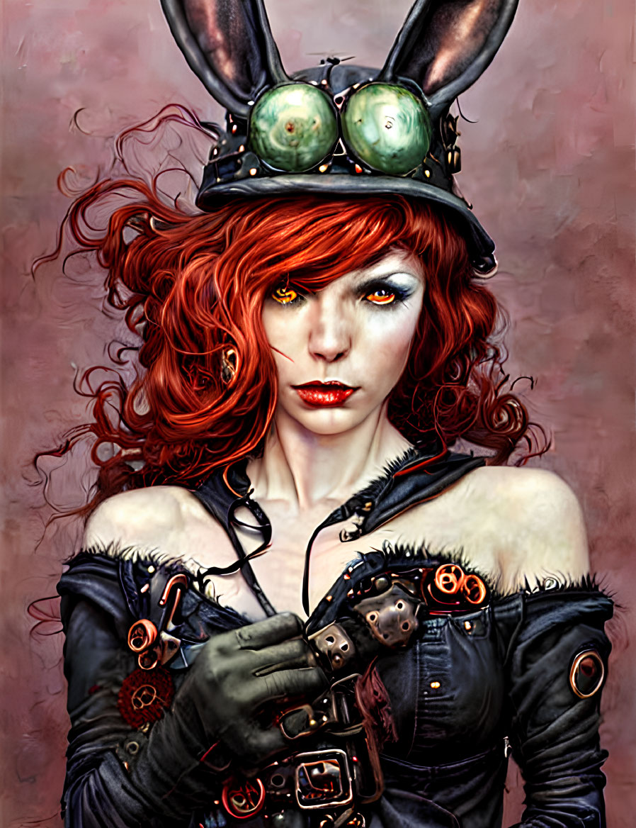 Stylized woman with red hair in steampunk outfit