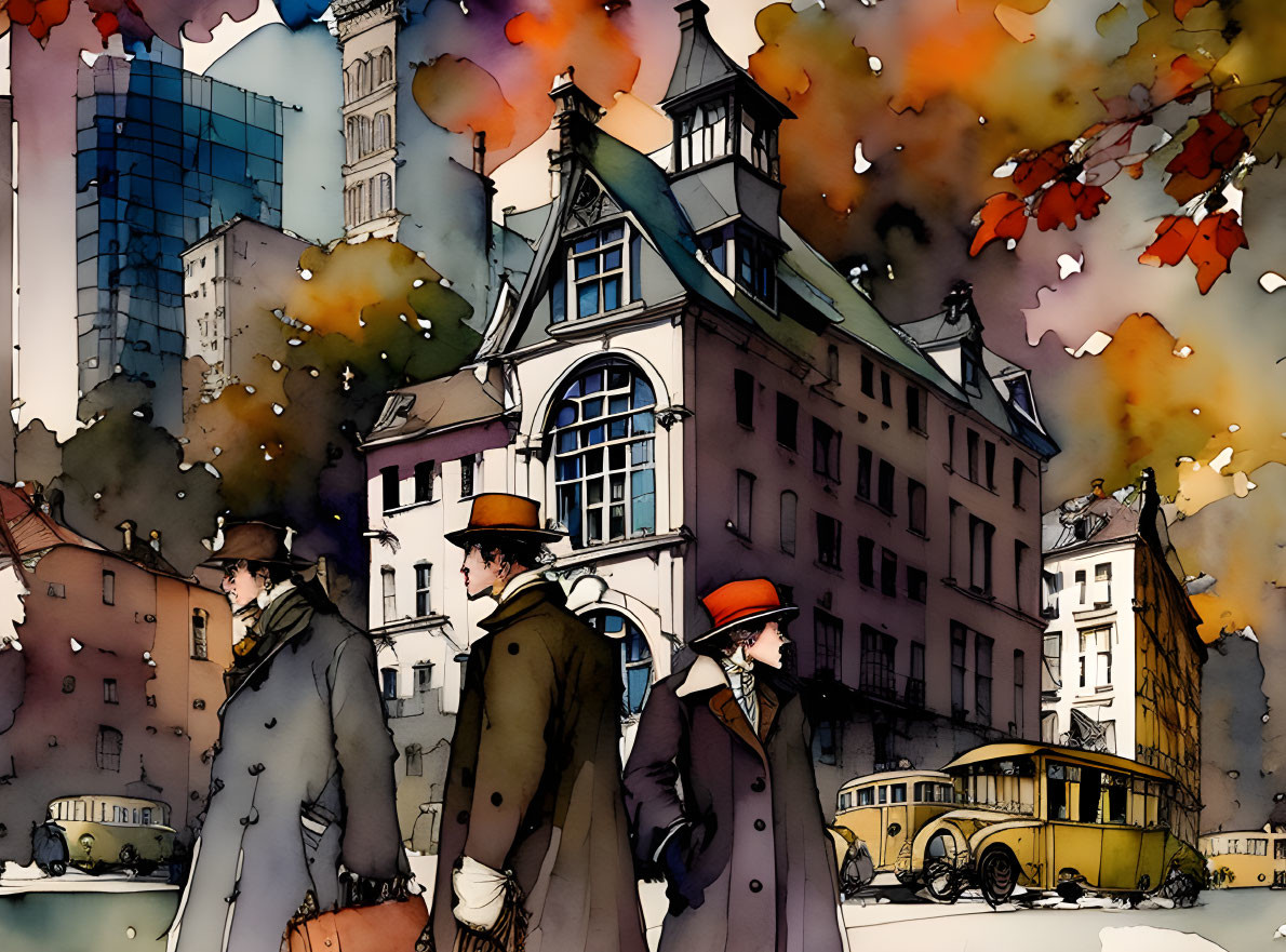 Illustration: Two people walking in vintage cityscape with autumn leaves, classic car, historical buildings,