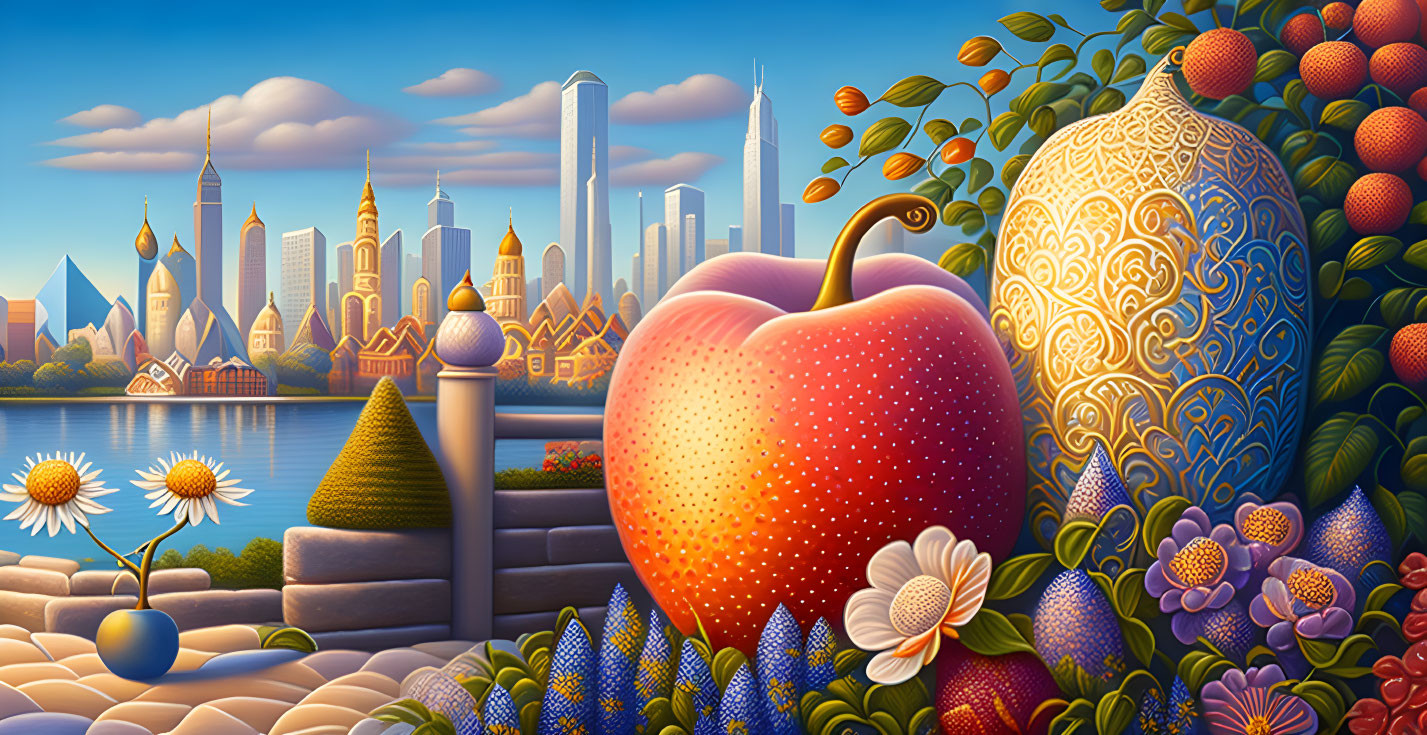 Colorful landscape with oversized fruits, flowers, and ornate egg in city skyline setting