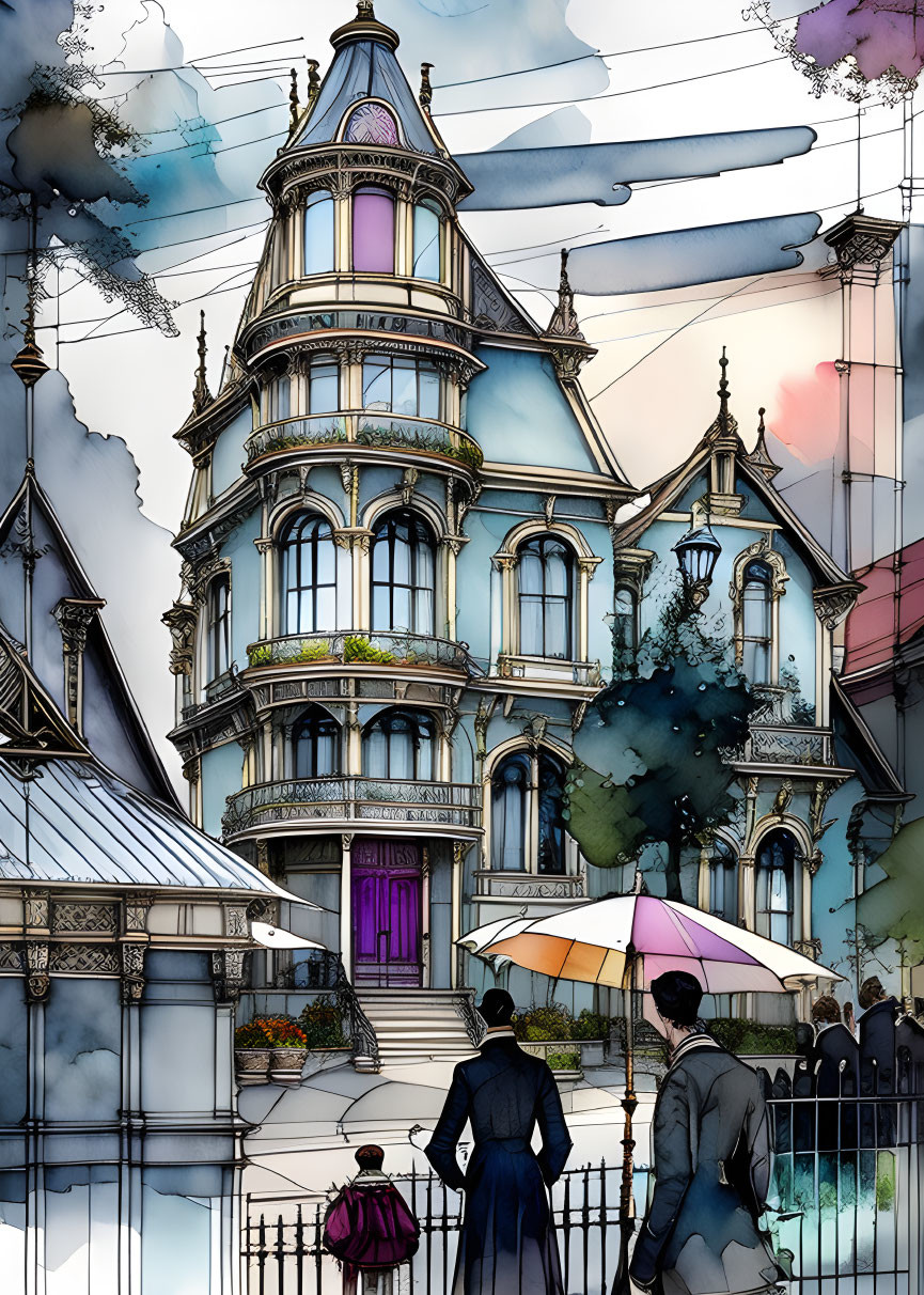 Victorian-style house illustration with detailed architecture and onlookers with umbrella