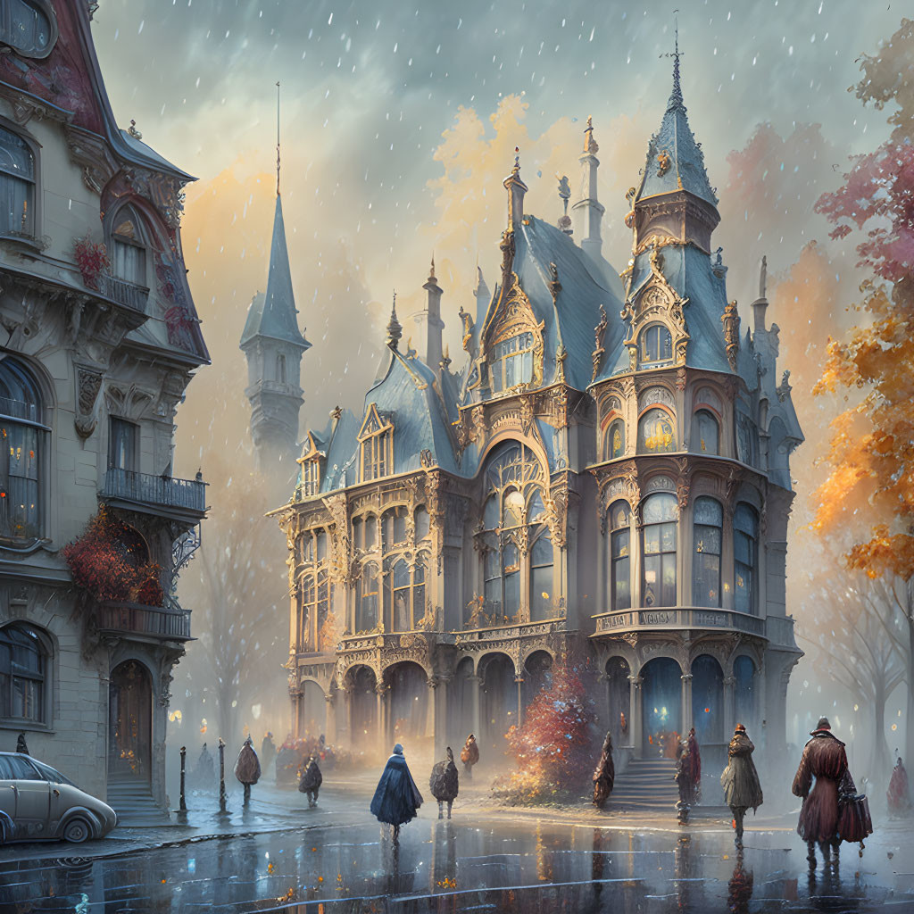 Victorian gothic building in enchanting street scene with pedestrians and autumn snowfall