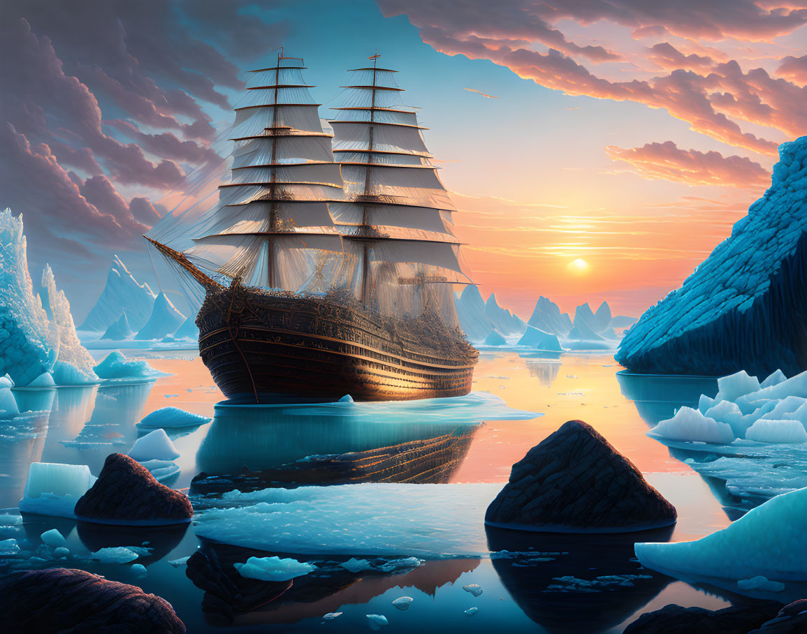 Tall Ship Sailing in Icy Waters at Sunset