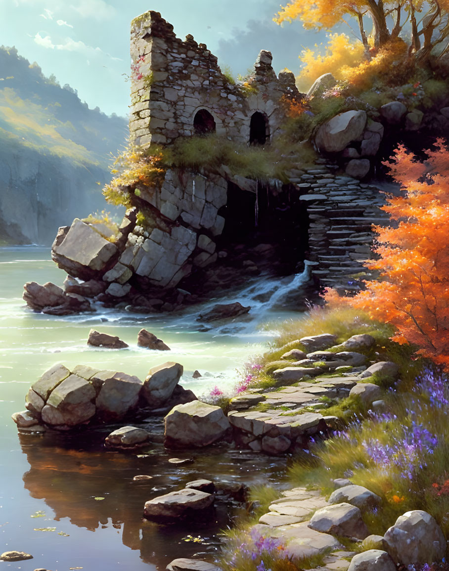 Tranquil riverside landscape with stone tower and fall foliage