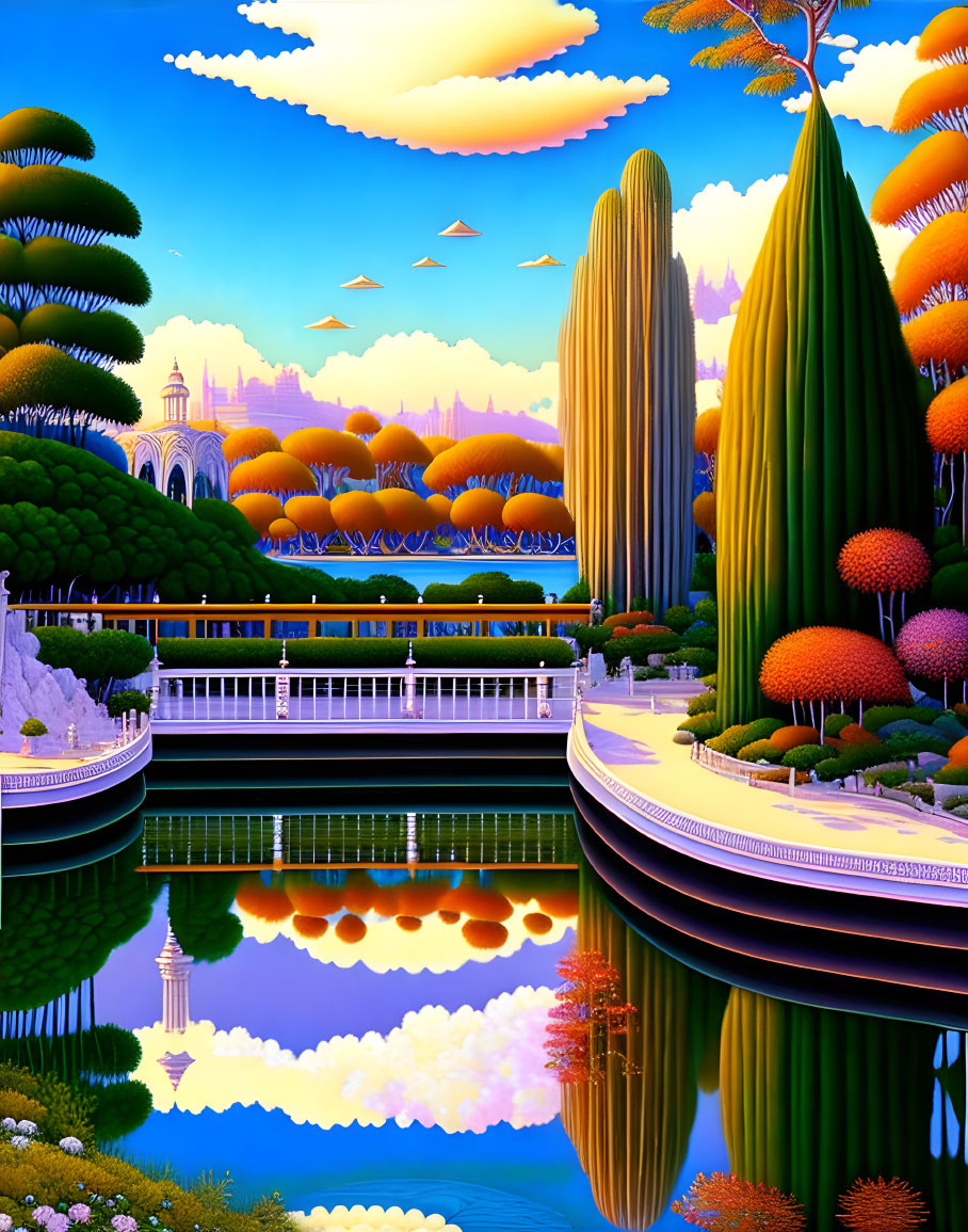 Colorful Fantasy Landscape with Terraced Buildings and Floating Islands