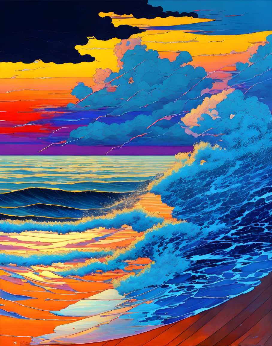 Colorful digital seascape with stylized waves and sunset sky.